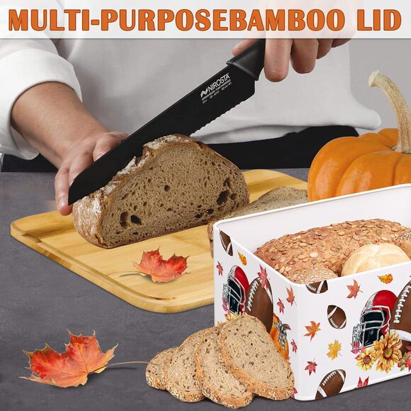 Fall Football Bread/Snack Tin With Cutting Board Lid Thanksgiving Bread Box - Picture 10 of 15